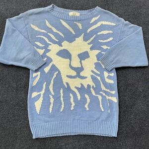 Vintage Anne Klein Sweater Womens Medium Blue Lion Intarsia Cotton Made USA 90s